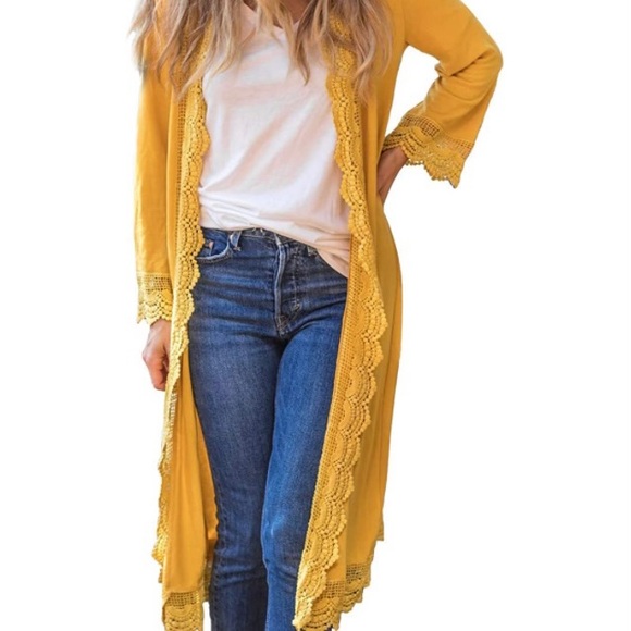 BNWOT Med. Mustard 3/4 sleeve lace long cardigan duster. - Picture 1 of 6